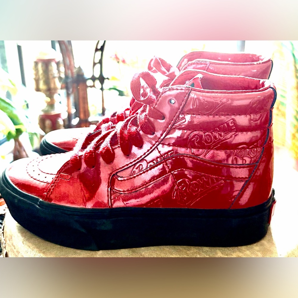 2018 David Bowie Vans Women's High-Top Sneakers in Glossy Red with Black Sole